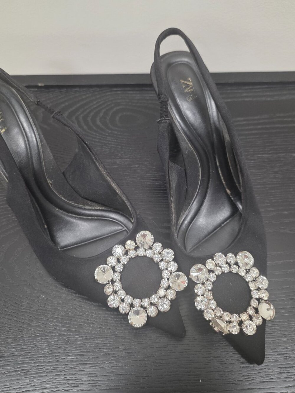 Zara Black Crystal Brooch Slingback Kitten Heels - Picture 2 of 6